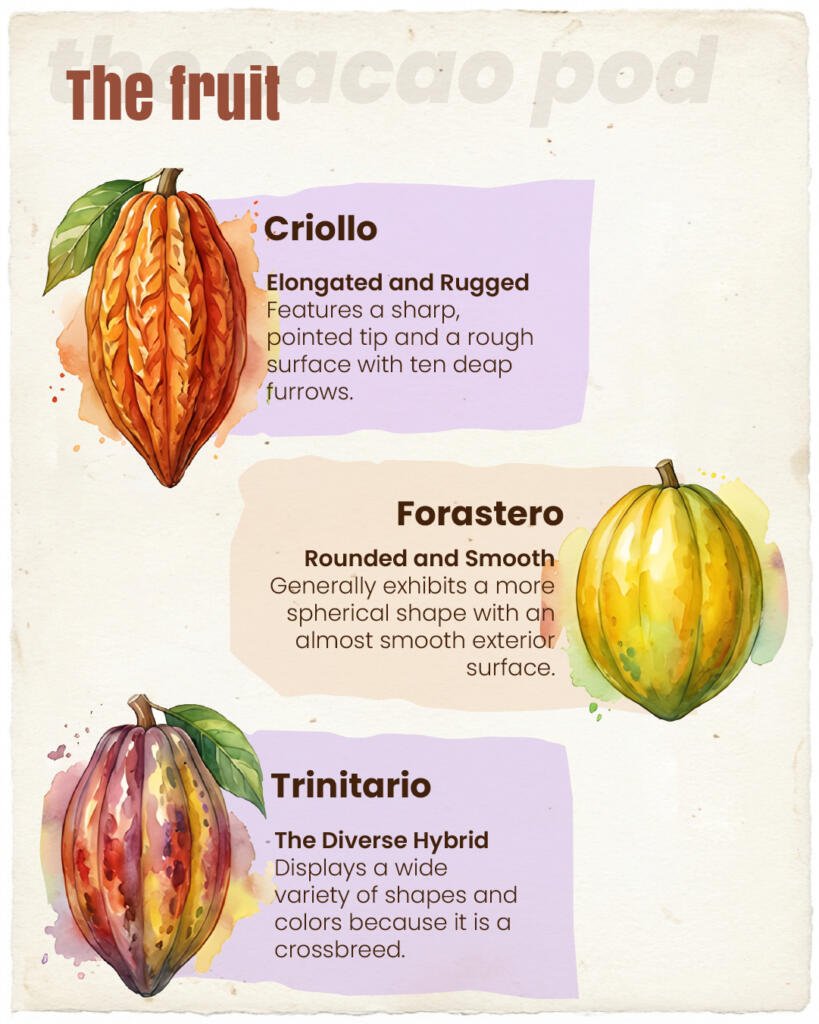 Watercolor-style illustration comparing the shape and texture of Criollo, Forastero, and Trinitario cacao pods.