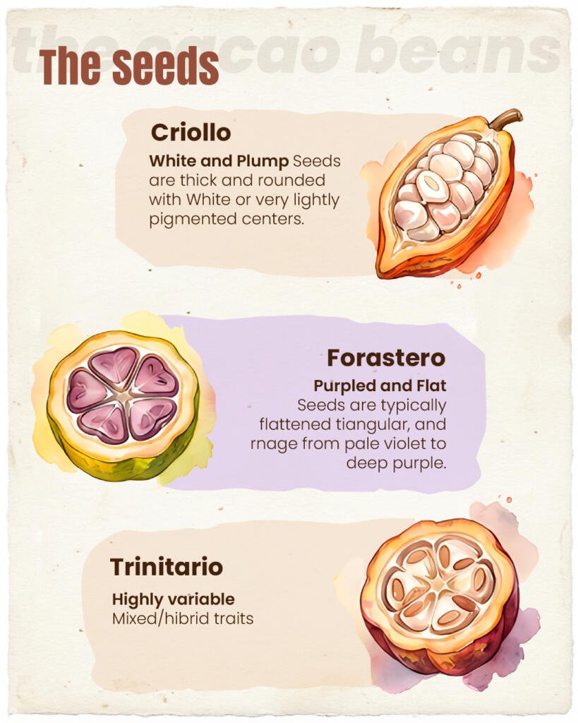 Watercolor-style illustration comparing the shape and color of Criollo, Forastero, and Trinitario cocoa beans.